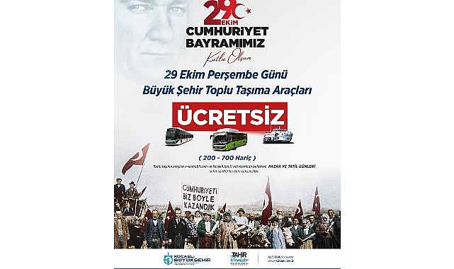 Kocaeli’de 29 Ekim’de toplu ulaşım ücretsiz